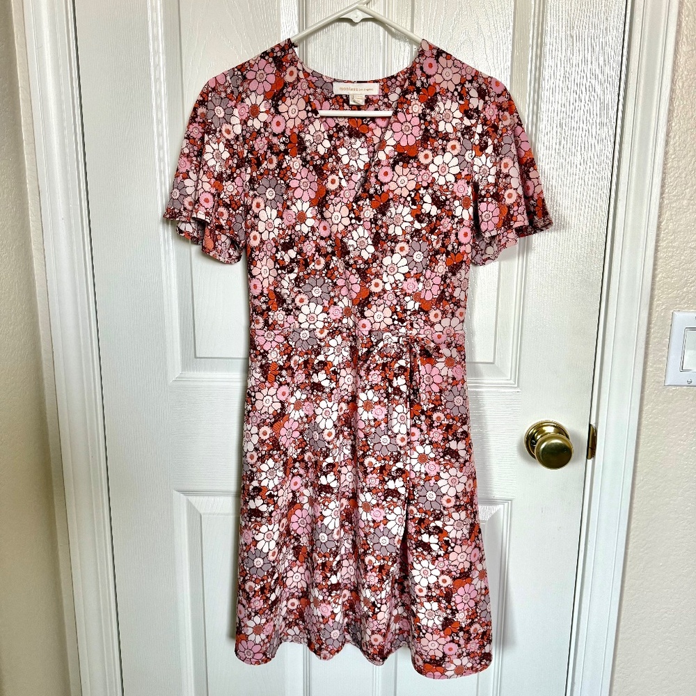 Monteau Los Angeles Floral Wrap Dress with Flutter Wing Pink Burgundy Size M